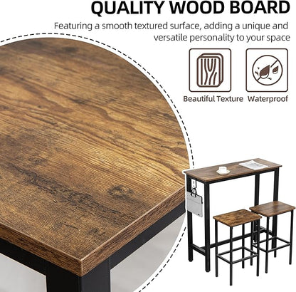 Finnhomy Bar Table Set, 39.3" Pub Table High Top Table, Rectangular Bar Height Table, Bar Table with Stools, Kitchen Table Set for 2, Industrial Breakfast for Kitchen, Living Room, Rustic Brown