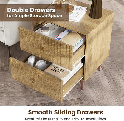 Wood Night Stand Set 2,Modern Bedside Table with Door and Open Storage Space,Fluted Nightstand and Wood End Side Table with Rose Gold Metal Legs and Handles for Bedroom,Living Room,Natural