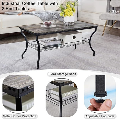 VECELO 3 Pieces Living Room Table Sets, Coffee and End Tables with Open Storage Shelves for Apartment, Home Office, Small Space, Easy Assembly, Grey Oak