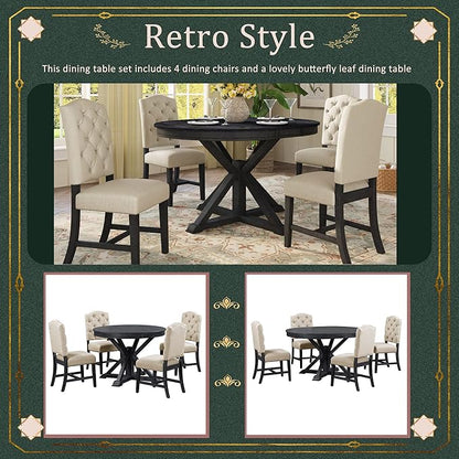 SogesPower 5-Piece Retro Dining Table Set, Round Farmhouse Kitchen Table Set for 4, Space-Saving Kitchen Table Set with Extendable Table and 4 Upholstered Chairs for Dining Room Living Room,Espresso