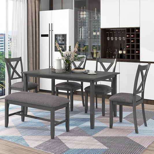 Merax 6-Piece Kitchen Dining Table Set Wooden Rectangular Dining Table, 4 Dining Chair and Bench Family Furniture for 6 People, Grey