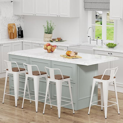 Yongchuang 30 inch Bar Stools Set of 4 Bar Height Metal Barstools with Wood Seat Low Back Kitchen Bar Chairs Cream White