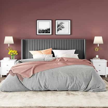 Allewie King Size Velvet Bed Frame/Vertical Channel Tufted Wingback Headboard/Upholstered Platform Bed/No Box Spring Needed/Strong Wooden Slats/Easy Assembly/Grey