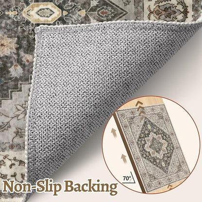 Tangsoo 3x5 Area Rug Vintage Washable Rugs Non Slip, Farmhouse Rugs Indoor Accent Rug Print Distressed Brown Grey Carpet, Soft Low Pile Rug for Living Room Bedside Entryway Bedroom