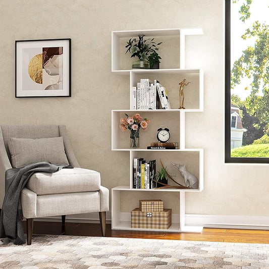 Yusong Bookshelf 5-Tier, Geometric Bookcase S Shaped Book Shelves for Bedroom, Modern Wood Decorative Display Shelf Book Case for Home Office, White