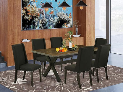 East West Furniture X677FL624-7 7 Piece Modern Dining Table Set Consist of a Rectangle Wooden Table with X-Legs and 6 Black Linen Fabric Parson Dining Chairs, 40x72 Inch, Multi-Color