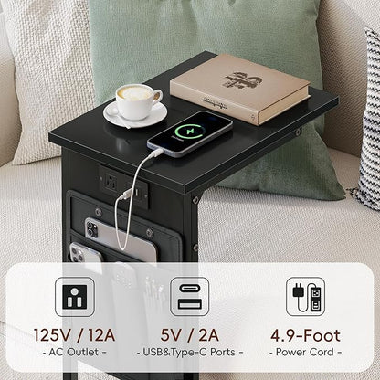 Vagusicc C Shaped End Table with Charging Station, Small Side Table for Couch, Couch Side Tables Recliner Desk, Slide Under Sofa Table TV Tray Arm C Tables for Living Room, Bedroom, Bedside, Black