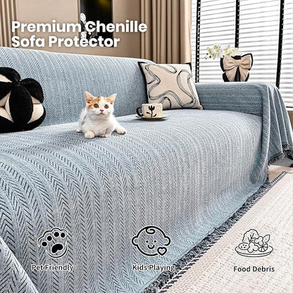 Nobildonna Sofa Cover Washable Soft Thicken Chenille Couch Cover with Tassel,Waterproof Sofa Slipcovers for 2 Cushion Couch,Loveseat,Futon Couch Furniture Protector Pet-Friendly,Dusty Blue 71"x102"