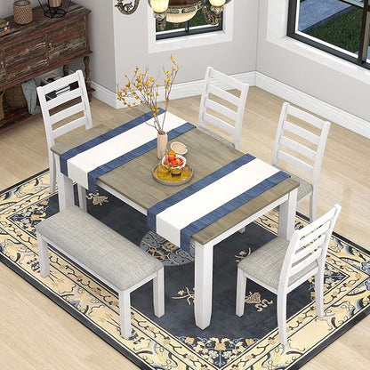 Merax 6-Piece Wooden Rectangular Dining Table Set with 4 Upholstered Chairs and Bench, Whitewash+Brown