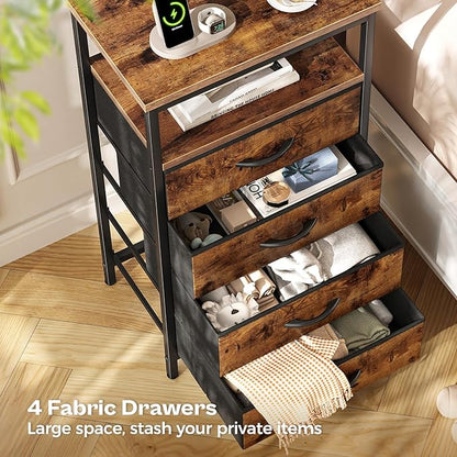 Huuger Night Stand with Charging Station, 4 Drawer Dresser for Bedroom, Bedside Table, 33.9 Inch Tall Nightstand with Open Shelf, End Table, for Closet, Entryway, Bedroom, Rustic Brown