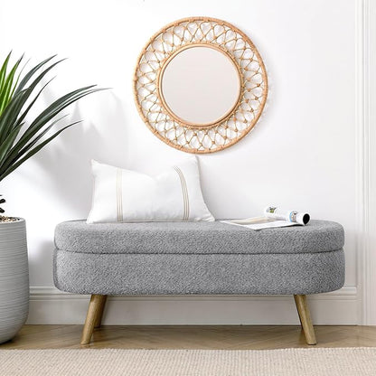 Oval Storage Bench 43.5" Linen Fabric Upholstered Entryway Bench with Solid Wood Legs Ottoman Bench Indoor Bench for Living Room/Bedroom/End of Bed/Entryway (New Grey)