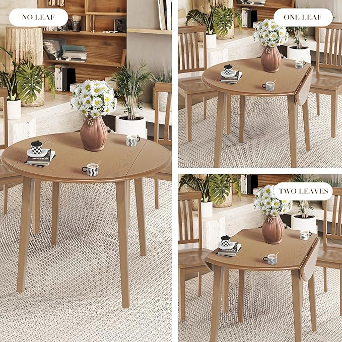 COLAMY 5-Piece Extendable Dining Table Set for 4, 36" Kitchen Round Wood Table with 4 Tufted Dining Room Chairs,Light Brown/Blue