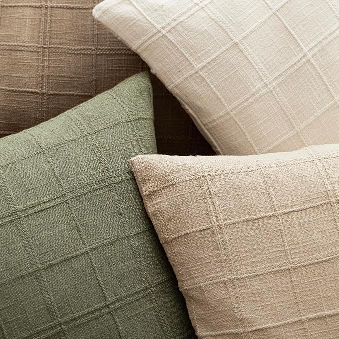 Foindtower Set of 2 Decorative Linen Check Throw Pillow Covers Neutral Farmhouse Vintage Cushion Covers Modern Boho Home Decor for Sofa Chair Couch Bedroom Living Room Outdoor,26×26 Inch,Sage Green