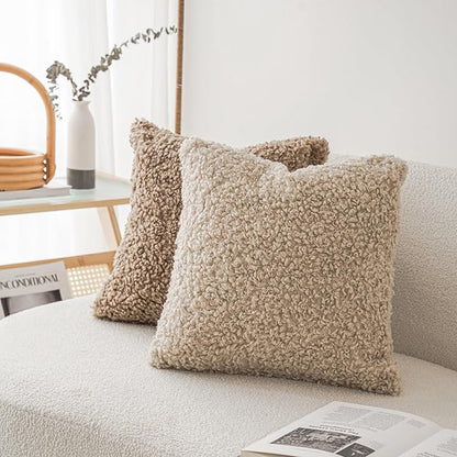 Foindtower 2 Pieces 20x20 Inch Light Khaki, Faux Fur Throw Pillow Cover Accent Sherpa Pillow Fuzzy Soft Pillowcases Sheepskin Decorative Fleece Cushion Case for Bed Couch Living Room