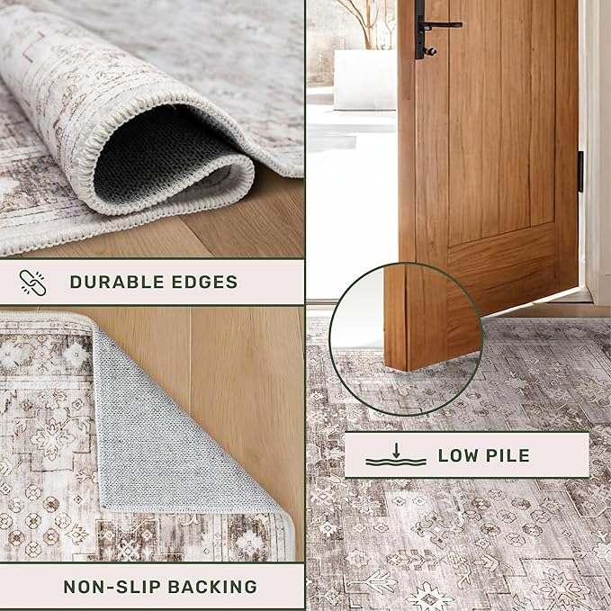 Washable Neutral Farmhouse Living Room Rug, 6x9 Area Rugs for Bedroom, Dining Room Under Table Carpet, Kids Room, Large Boho Vintage Non-Slip Floral Rugs Low Pile Stain Resistant (6x9 Beige/Latte)