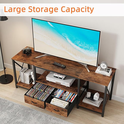 TV Stand with Fabric Drawers for 65 70 75 Inches TV - Entertainment Center and Industrial TV Console Table with Open Storage Shelves for Living Room, Bedroom - 63" Rustic Brown