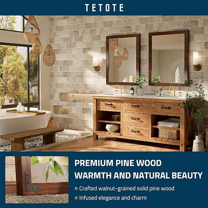 TETOTE 24 x 36 Walnut Wood Framed Mirror for Bathroom Wall/Bedroom/Living Room/Entryway Farmhouse Rustic Bathroom Vanity Mirror Waterproof (Horizontal/Vertical Mounted)
