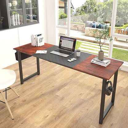 Decoholic 71Inch Home Office Computer Two-Color Panel Desk with Storage Bag and Hook, Black, Sandalwood Color, Industrial Modern Laptop Desk