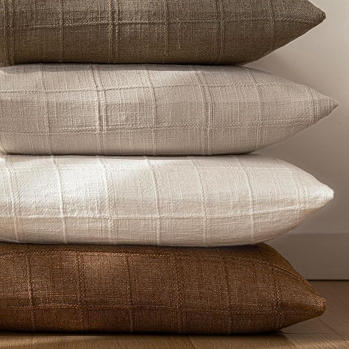 Foindtower Set of 2 Decorative Linen Check Throw Pillow Covers Neutral Farmhouse Lumbar Cushion Covers Modern Boho Home Decor for Sofa Chair Couch Bedroom Living Room Outdoor,12×20 Inch,Natural Linen