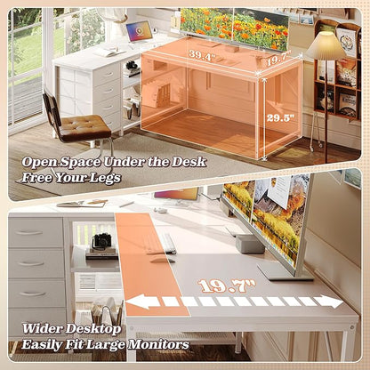 PRAISUN 53" L Shaped Desk with Power Outlets and USB-C Port, Reversible Computer Corner Office Desk with 4 Fabric Drawers and 2 Height-Adjustable Shelves, Large for Gaming Writing Work Study, White
