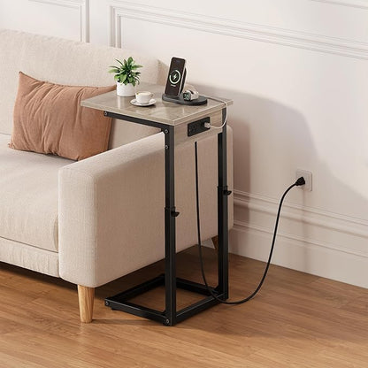 Vagusicc C Shaped End Table with Charging Station, 33" Tall Side Table for Couch, C Table Adjustable Height Small Couch Side Table, Slide Under Sofa Table TV Tray Table for Living Room, Bedroom, Grey