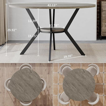 Round Dinner Table for 4, 42 Inch Kitchen & Dining Room Table with Storage, Wooden Circle Dining Table, Mid Century Modern Dining Table with Metal Legs for Kitchen, Living Room, Dining Room, Grey