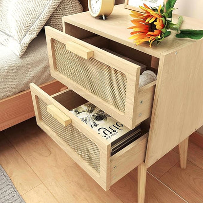 Rattan Nightstand,Boho Bedside with Storage,End Table,Side Table with 2 Hand Made Rattan Decorated Drawers for Small Space,Livingroom,Bedroom,Natural 11.8" D x 16" W x 22.4" H CTG59Y