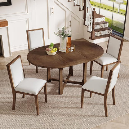 Merax 5-Piece Extendable Dining Table and 4 Upholstered Chairs, Round Oval Dining Table Set for 4, Wood MDF Kitchen Table Set with Removable Leaf for Dining Room, 42" to 58" (Brown)