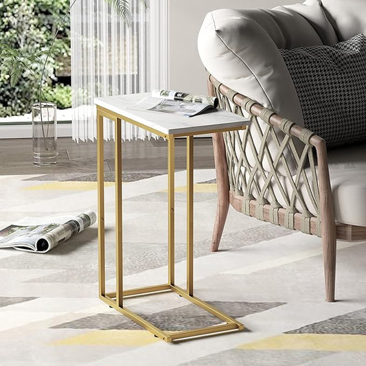 Yusong C Shaped End Table, Couch Side Table That Slide Under Sofa Bed, Small Table for Small Spaces, Skinny Overbed Table for Coffee Drink Snack, Living Room, Gold and White Marbled Wooden Top