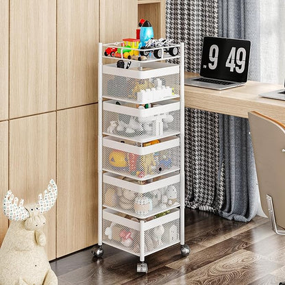 Fruit Basket for Kitchen No Assembly,Rotating Kitchen Storage Rack,Bathroom Shelf, Organizers and Storage Cart on Rolling Wheels，Potato and Onion Storage Organizer(White, 5 Tier-Square)