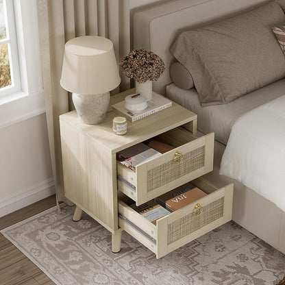 BOLUO Wooden Night Stand with 2 Drawer, Rattan Small Nightstand Boho Bedside Table for Cozy Bedroom