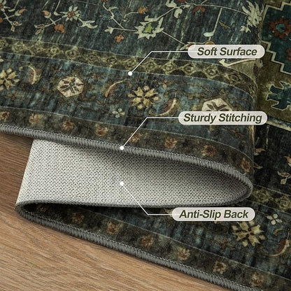 Tangsoo Washable Entryway Rugs Vintage Olive Green Rug 2x3 Non Slip Small Area Rug, Front Door Boho Rugs, Print Distressed Door Mat Indoor Entrance Soft Low Pile Throw Rug for Entry Kitchen Bedroom
