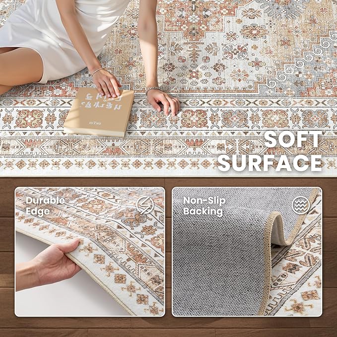 zesthome 4x6 Rug - Stain Resistant Washable Rug, Anti Slip Backing Rugs for Living Room, Foldable Vintage Small Area Rugs(Orange,4'x6')
