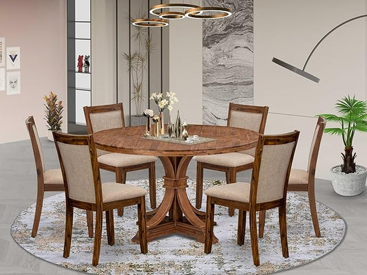 I7MZ7-50N-04 7-Pc Dining Set consists of a Pedestal Dining Table and 6 Light Tan Polyester Fabric Dining Chairs with Padded Back - Antique Walnut Finish