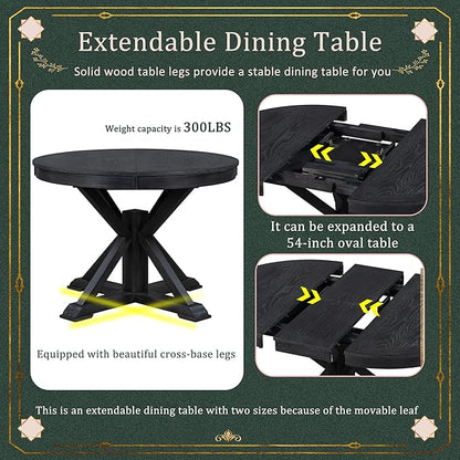 SogesPower 5-Piece Retro Dining Table Set, Round Farmhouse Kitchen Table Set for 4, Space-Saving Kitchen Table Set with Extendable Table and 4 Upholstered Chairs for Dining Room Living Room,Espresso