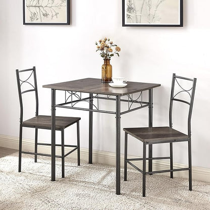 JOIN IRON 3-Piece Metal and Wood Indoor Modern Square Dining Table Furniture Set for Kitchen, Dining Room, Dinette, Breakfast Nook w/ 2Chairs - Gray