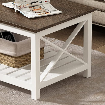 ChooChoo Coffee Table, Rustic Farmhouse Table with Shelf for Living Room, Vintage Finish White