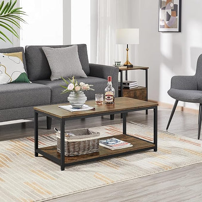 Yaheetech 2-Tier Coffee Table, Industrial Wood Coffee Table with Storage Shelf for Living Room, Rectangle Side End Table with Metal Frame, Rustic Brown