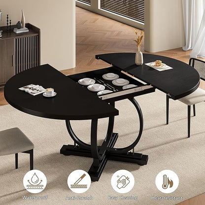 59" Round Extendable Dining Table for 4-6, Modern Oval Kitchen Table with Heavy Duty Curved Legs & Wood X-Based, MDF Board with Spring Buckle, Space Saving, Dining Kitchen Living Room, Black
