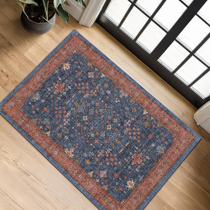 Washable 2x4 Entry Rug Front Door Indoor, Farmhouse Small Area Rugs for Kitchen, Bathroom, Entrance, Non Slip Rubber Backed, Perfect for Boho Décor (2x4 Navy Blue)