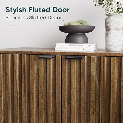 Semiocthome Walnut Buffet Cabinet with Storage, Large Sideboard Cabinet with 4 Fluted Doors and Metal Legs, Storage Cabinet with Adjustable Shelf, Accent Table for Living Room, Dining Room, Kitchen