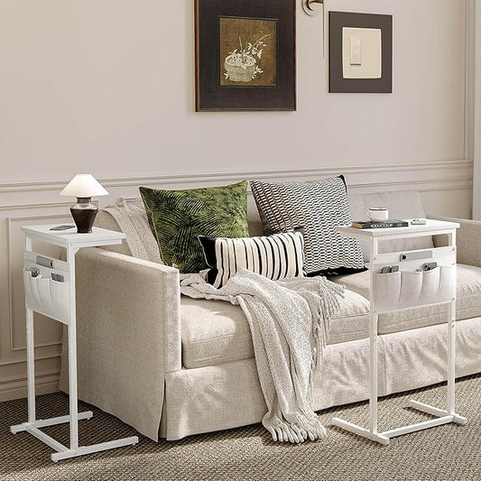 C Shaped End Table, Side Table for Sofa, Small TV Tray, Couch Table with Storage Bag for Small Space, Living Room, Bedroom, Home Office LET501W (White)