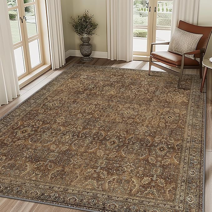 10X12 Area Rugs Machine Washable Rugs for Living Room, Vintage Boho Large Rugs for Bedroom Dining Room, Non Slip Indoor Soft Distressed Lightweight Thin Low Pile Carpet, Rustic Brown