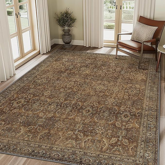 10X12 Area Rugs Machine Washable Rugs for Living Room, Vintage Boho Large Rugs for Bedroom Dining Room, Non Slip Indoor Soft Distressed Lightweight Thin Low Pile Carpet, Rustic Brown