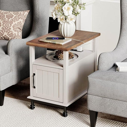 WAMPAT Narrow End Table with Charging Station, Farmhouse Side Table with Open Storage & Storage Cabinet for Living Room, Wooden Nightstand for Bedroom with Metal Legs, White/Oak