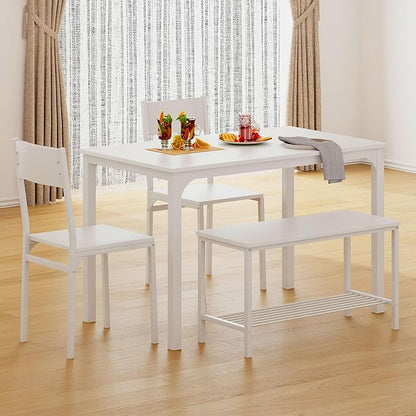 SogesHome 4-Piece Dining Table Set for 4, 43.5'' Space-Saving Kitchen Set with Bench and Chairs, Ideal for Restaurants and Coffee Shops, White
