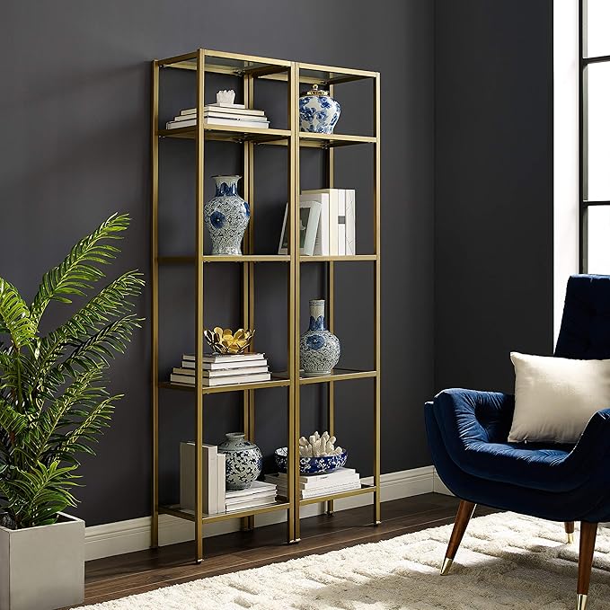 Crosley Furniture Aimee 2-Piece Bookshelf Set with Glass Shelves, Bookcase Storage, Gold and Glass