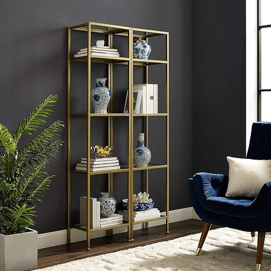 Crosley Furniture Aimee 2-Piece Bookshelf Set with Glass Shelves, Bookcase Storage, Gold and Glass