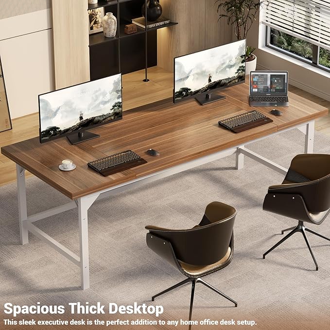 Unikito 70.8 Inch Extra Long Computer Desks, Heavy Duty Large Office Executive Desk, Sturdy 2 Person Desk, Premium Thick Study Writing Table Computer Table for Home Office Workstation, Rustic/White