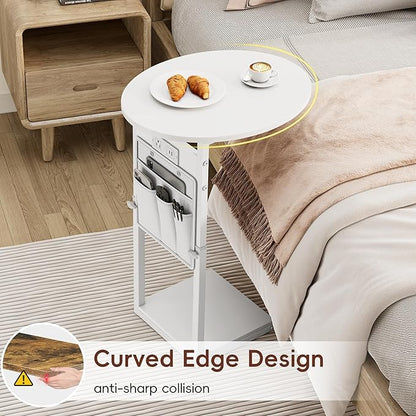 Vagusicc C Shaped End Table with Charging Station, 32" Tall Side Table for Couch and Recliner, Adjustable Height Small Couch Side Table Slide Under Sofa TV Tray Table for Living Room, Bedroom, White